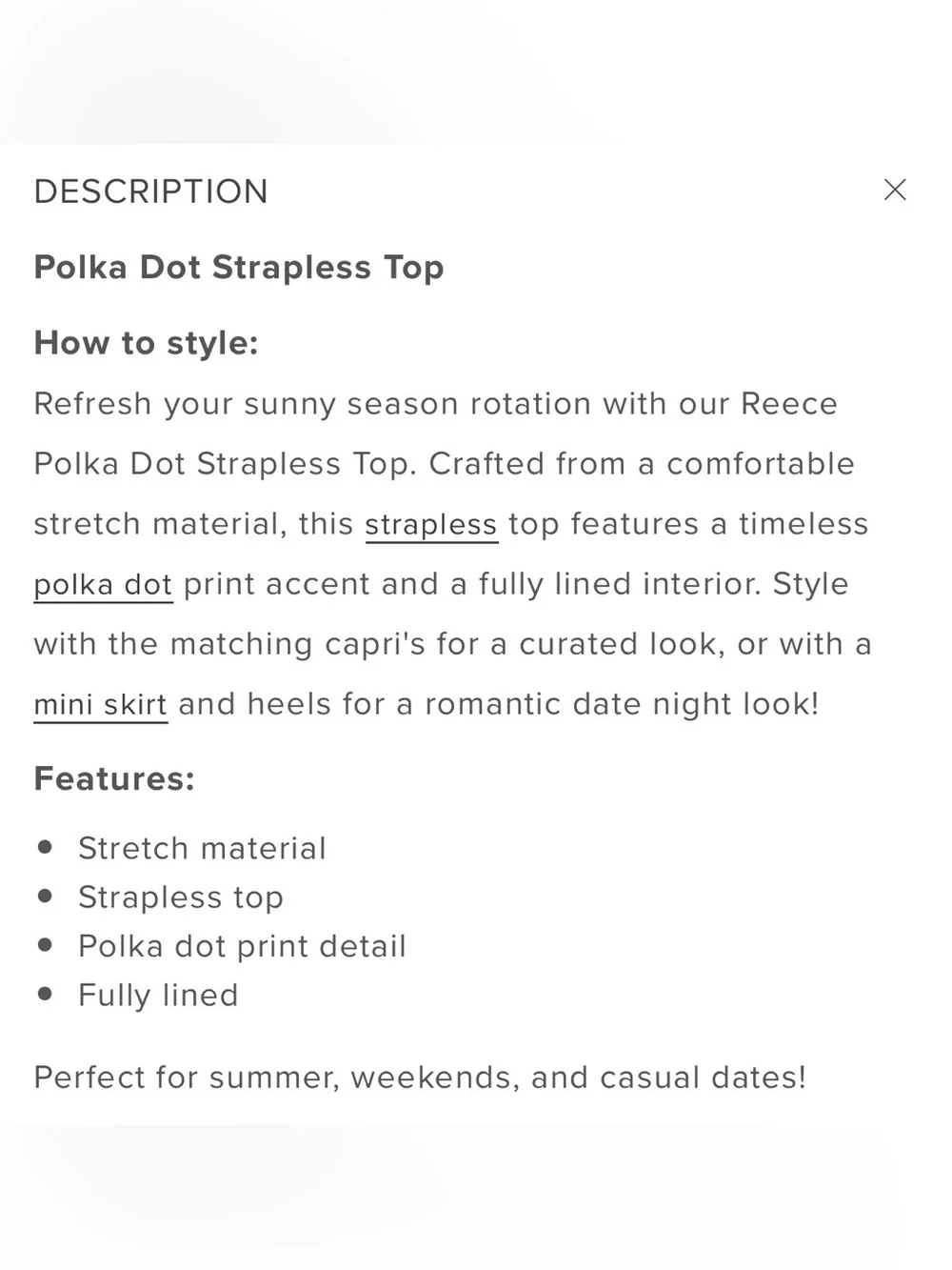 Beginning Boutique Reece Black Polka Dot Strapless Top